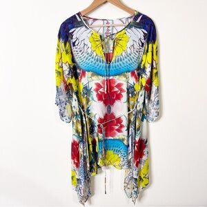 Johnny Was Floral Multicolor Flash Tie 3/4-Sleeve Printed Tunic Top Small NWT